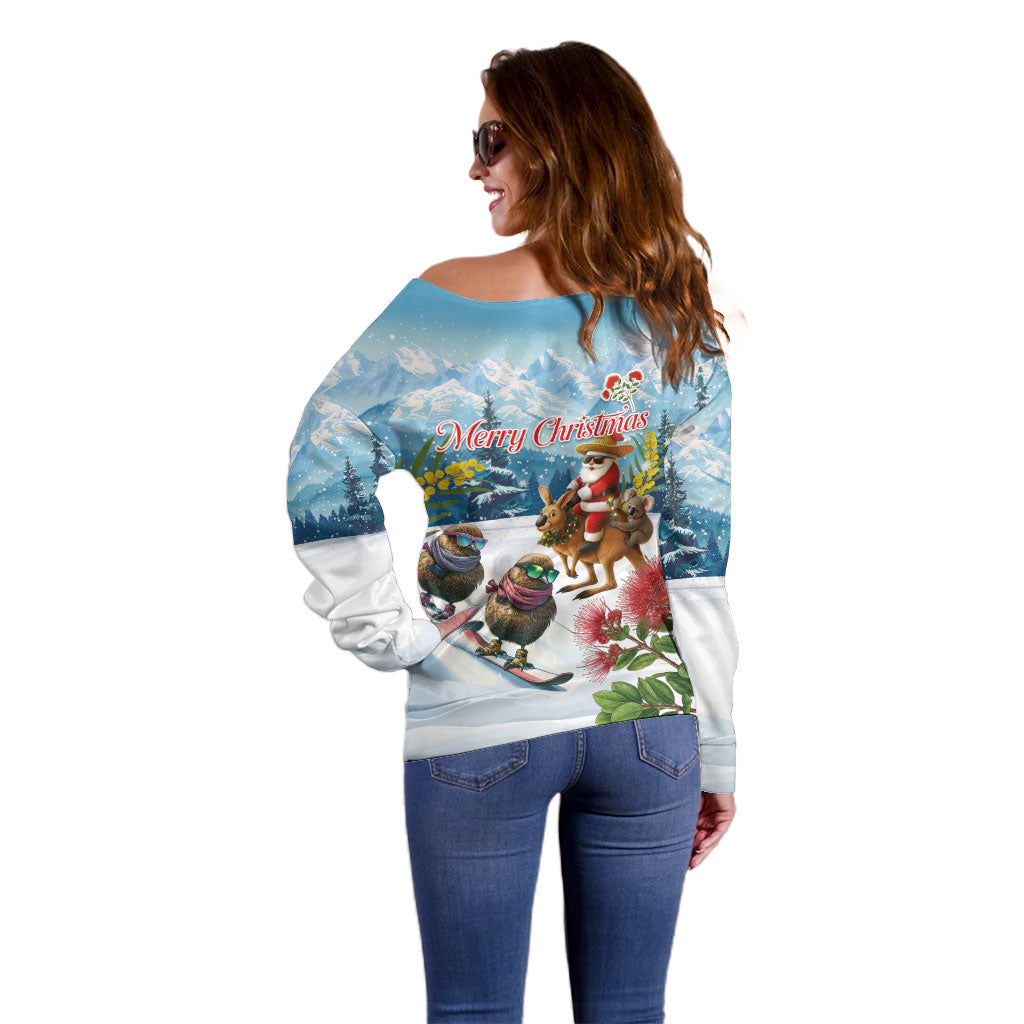 New Zealand and Australia Merry Christmas Off Shoulder Sweater Kiwi Birds Skiing and Koala Santa Riding Kangaroo