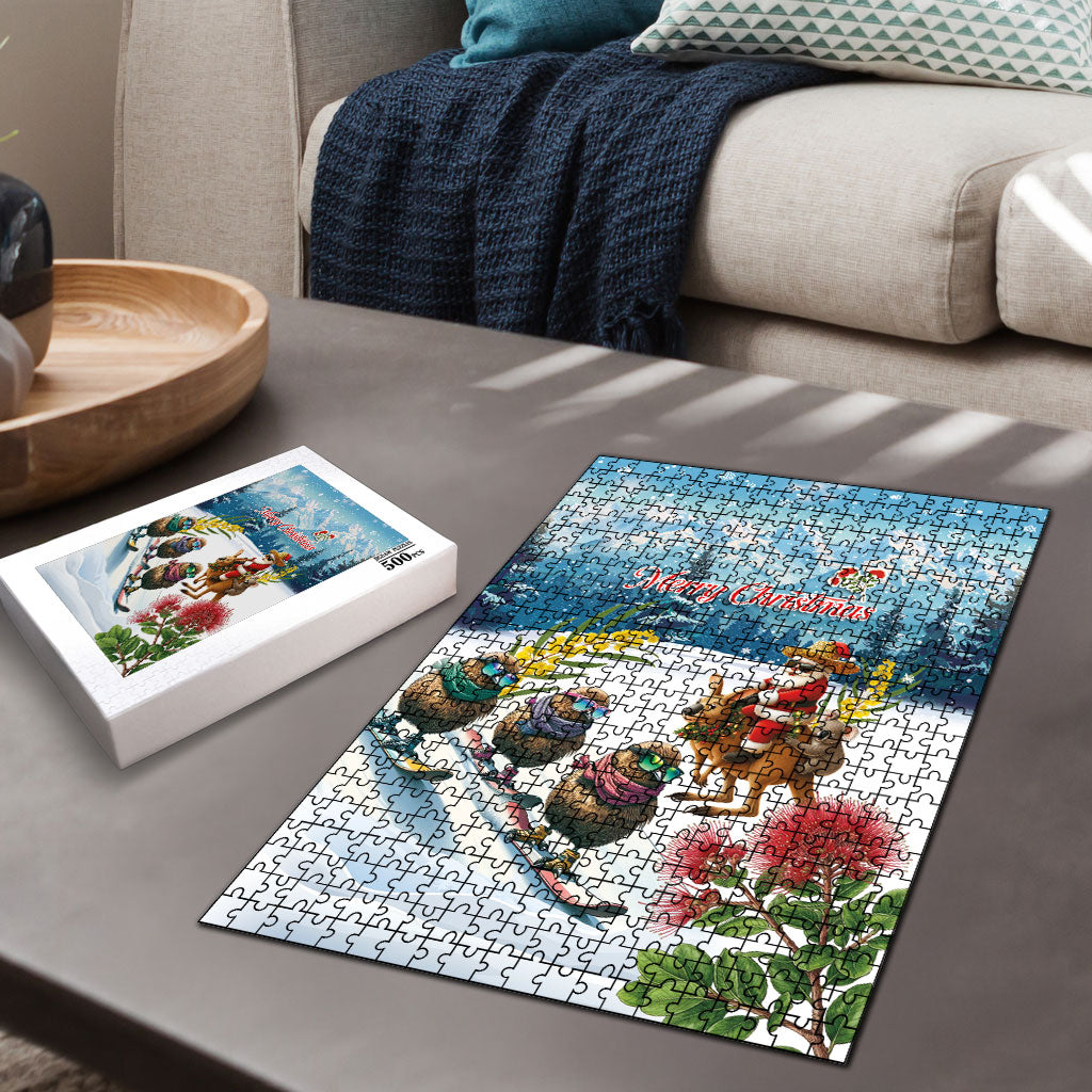 New Zealand and Australia Merry Christmas Puzzle Kiwi Birds Skiing and Koala Santa Riding Kangaroo