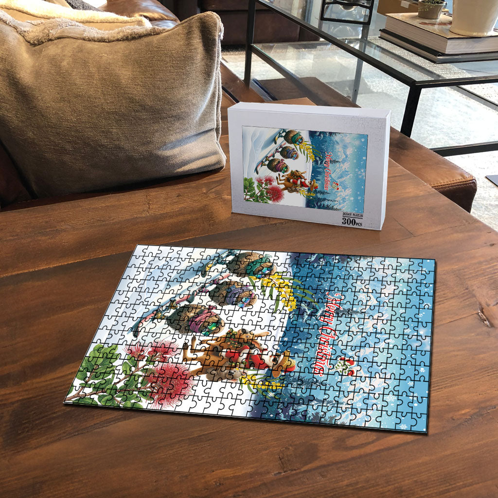 New Zealand and Australia Merry Christmas Puzzle Kiwi Birds Skiing and Koala Santa Riding Kangaroo