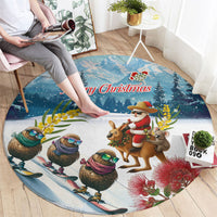 New Zealand and Australia Merry Christmas Round Carpet Kiwi Birds Skiing and Koala Santa Riding Kangaroo