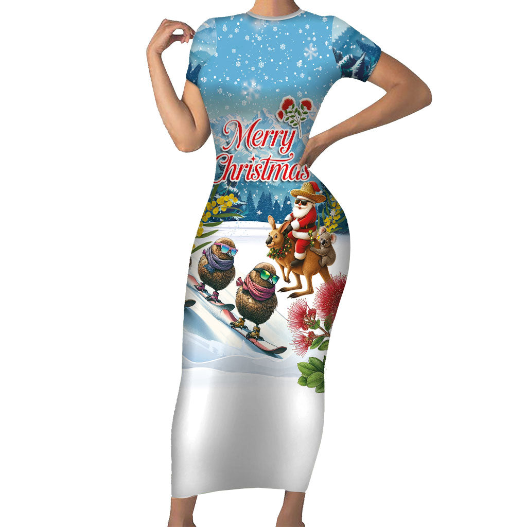 New Zealand and Australia Merry Christmas Short Sleeve Bodycon Dress Kiwi Birds Skiing and Koala Santa Riding Kangaroo LT03 Long Dress Multicolor - Polynesian Pride
