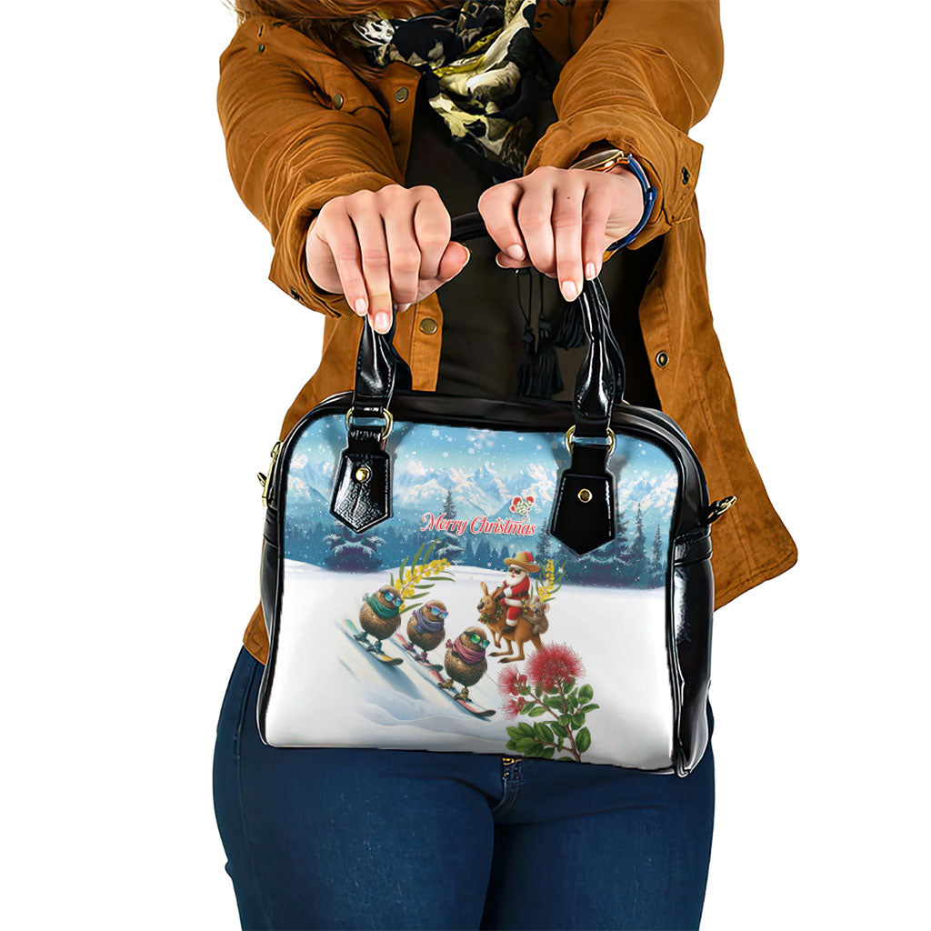 New Zealand and Australia Merry Christmas Shoulder Handbag Kiwi Birds Skiing and Koala Santa Riding Kangaroo