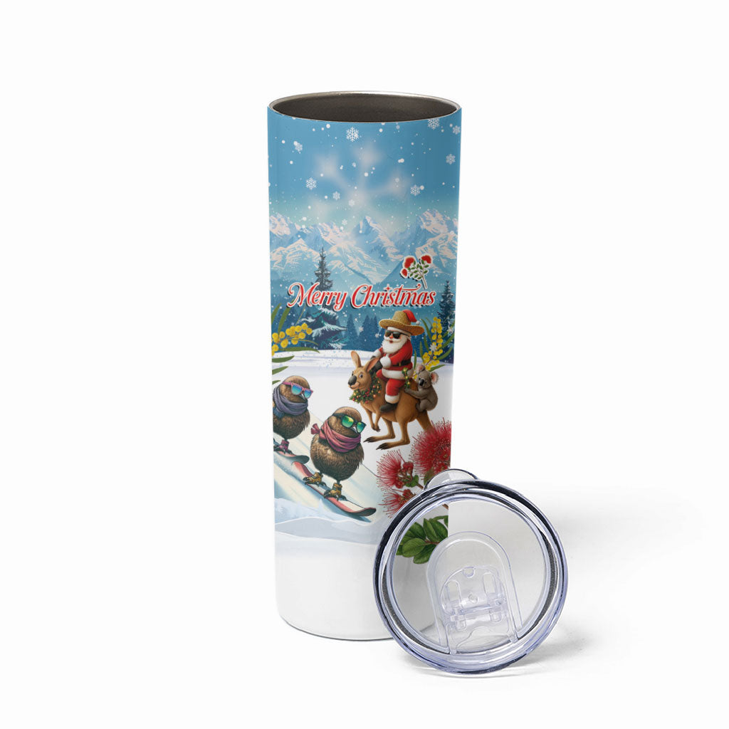 New Zealand and Australia Merry Christmas Skinny Tumbler Kiwi Birds Skiing and Koala Santa Riding Kangaroo
