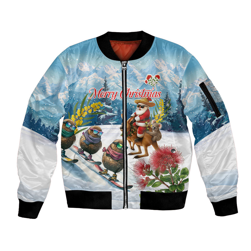 New Zealand and Australia Merry Christmas Sleeve Zip Bomber Jacket Kiwi Birds Skiing and Koala Santa Riding Kangaroo LT03 Unisex Multicolor - Polynesian Pride