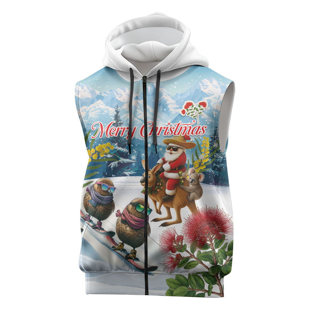 New Zealand and Australia Merry Christmas Sleeveless Zip Hoodie Kiwi Birds Skiing and Koala Santa Riding Kangaroo LT03 Multicolor - Polynesian Pride