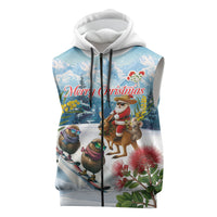 New Zealand and Australia Merry Christmas Sleeveless Zip Hoodie Kiwi Birds Skiing and Koala Santa Riding Kangaroo