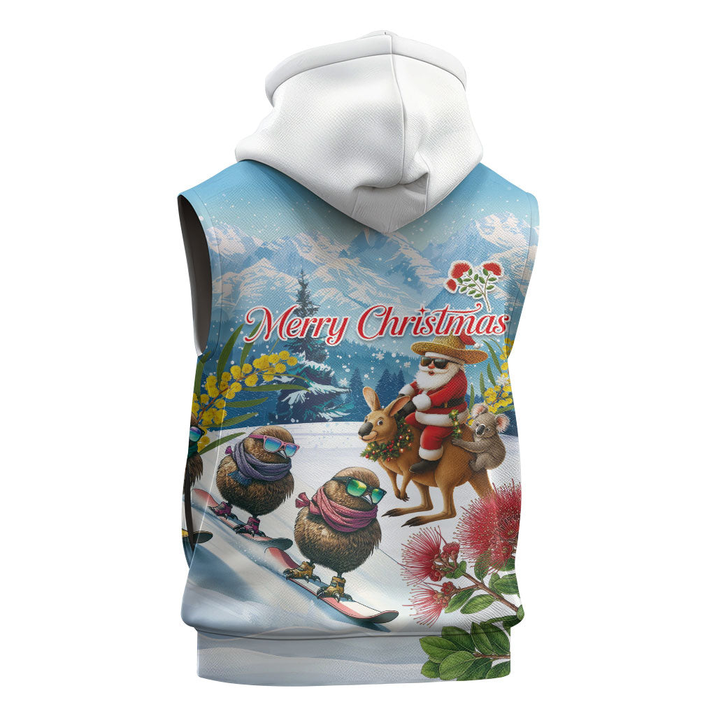 New Zealand and Australia Merry Christmas Sleeveless Zip Hoodie Kiwi Birds Skiing and Koala Santa Riding Kangaroo