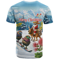 New Zealand and Australia Merry Christmas T Shirt Kiwi Birds Skiing and Koala Santa Riding Kangaroo