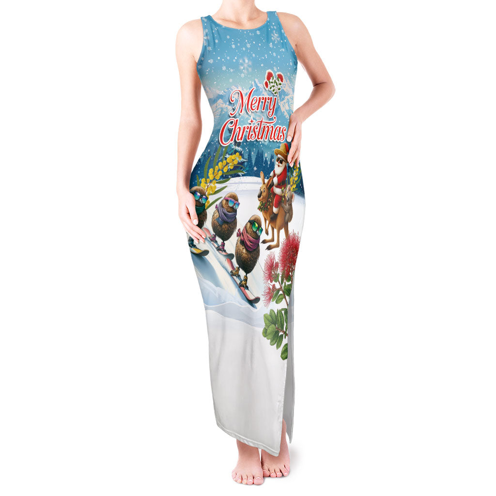 New Zealand and Australia Merry Christmas Tank Maxi Dress Kiwi Birds Skiing and Koala Santa Riding Kangaroo LT03 Women Multicolor - Polynesian Pride