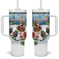 New Zealand and Australia Merry Christmas Tumbler With Handle Kiwi Birds Skiing and Koala Santa Riding Kangaroo