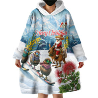 New Zealand and Australia Merry Christmas Wearable Blanket Hoodie Kiwi Birds Skiing and Koala Santa Riding Kangaroo