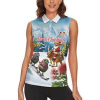 New Zealand and Australia Merry Christmas Women Sleeveless Polo Shirt Kiwi Birds Skiing and Koala Santa Riding Kangaroo