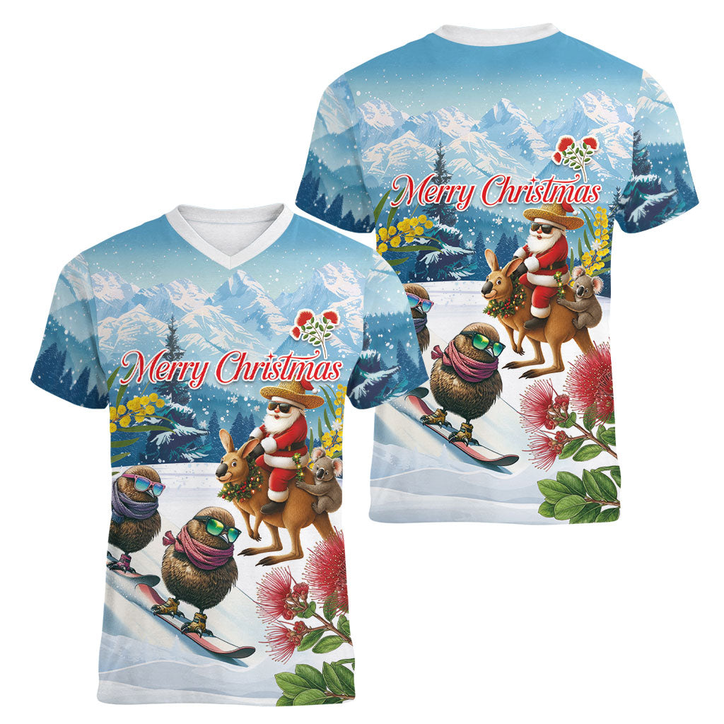 New Zealand and Australia Merry Christmas Women V-Neck T-Shirt Kiwi Birds Skiing and Koala Santa Riding Kangaroo