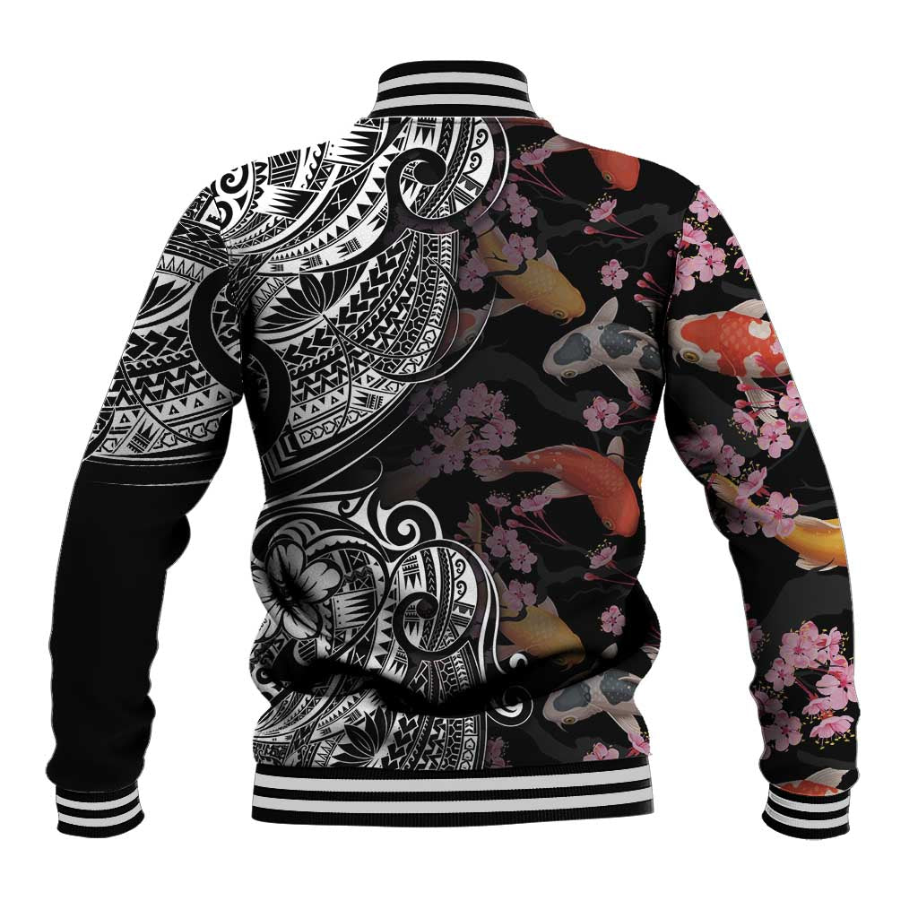 Hawaiian and Japanese Together Baseball Jacket Polynesian Triball Tattoo Koi Carps and Sakura LT03 - Polynesian Pride
