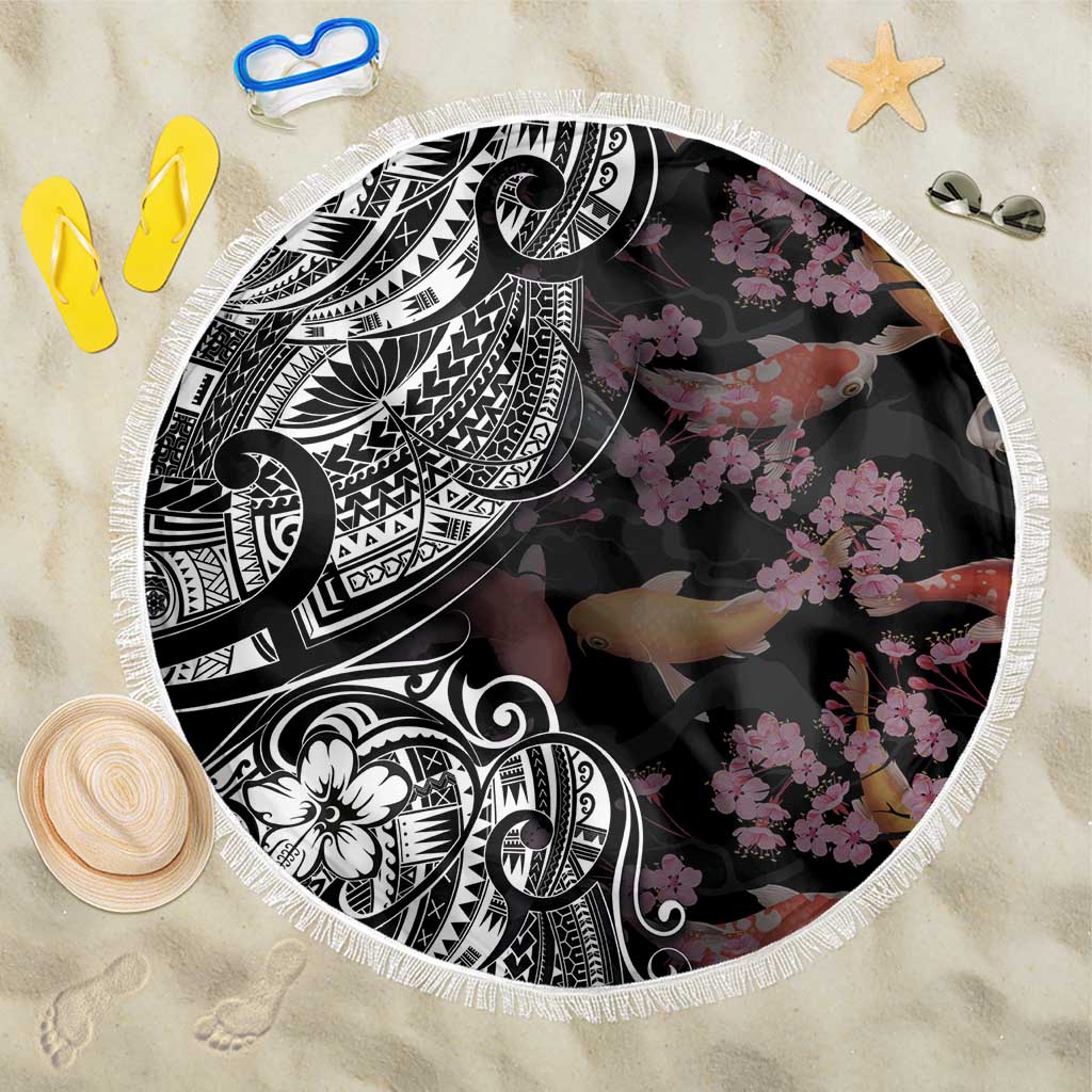 Hawaiian and Japanese Together Beach Blanket Polynesian Triball Tattoo Koi Carps and Sakura LT03 One Size 150cm Black - Polynesian Pride