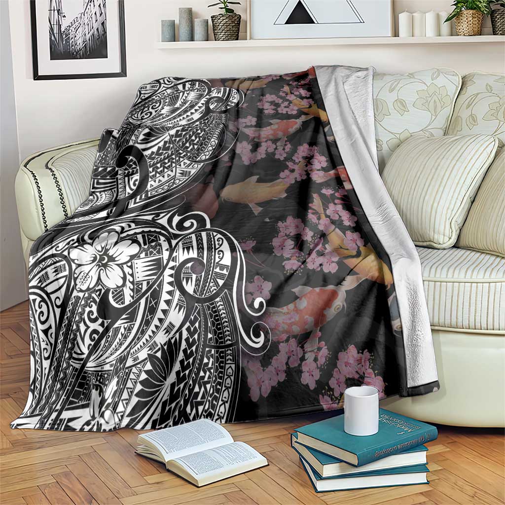 Hawaiian and Japanese Together Blanket Polynesian Triball Tattoo Koi Carps and Sakura LT03 Black - Polynesian Pride