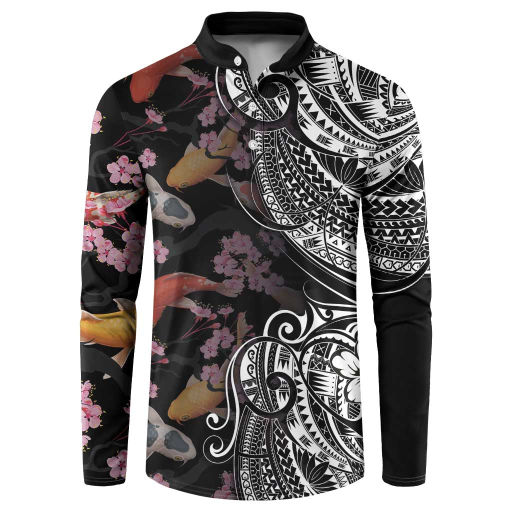 Hawaiian and Japanese Together Button Sweatshirt Polynesian Triball Tattoo Koi Carps and Sakura LT03 Black - Polynesian Pride