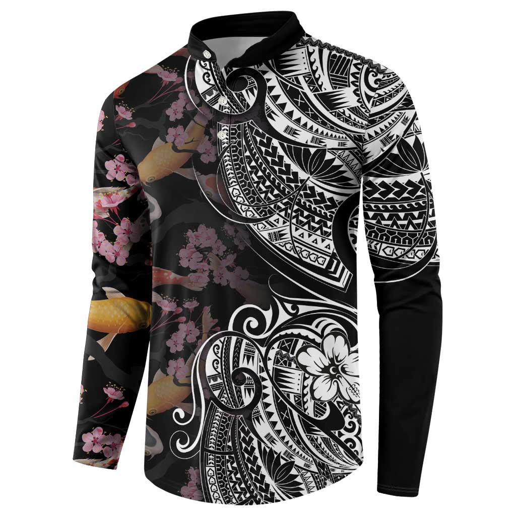 Hawaiian and Japanese Together Button Sweatshirt Polynesian Triball Tattoo Koi Carps and Sakura LT03 - Polynesian Pride