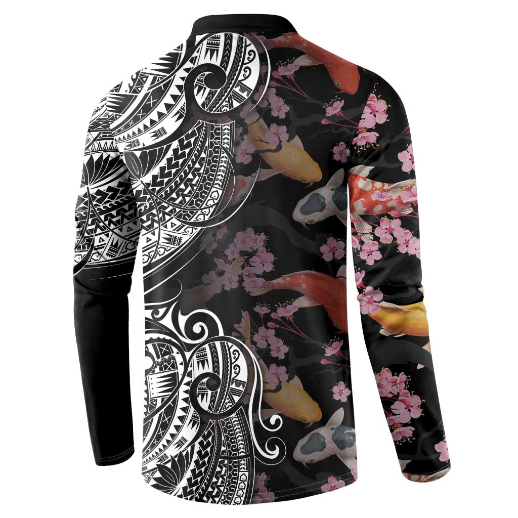 Hawaiian and Japanese Together Button Sweatshirt Polynesian Triball Tattoo Koi Carps and Sakura LT03 - Polynesian Pride