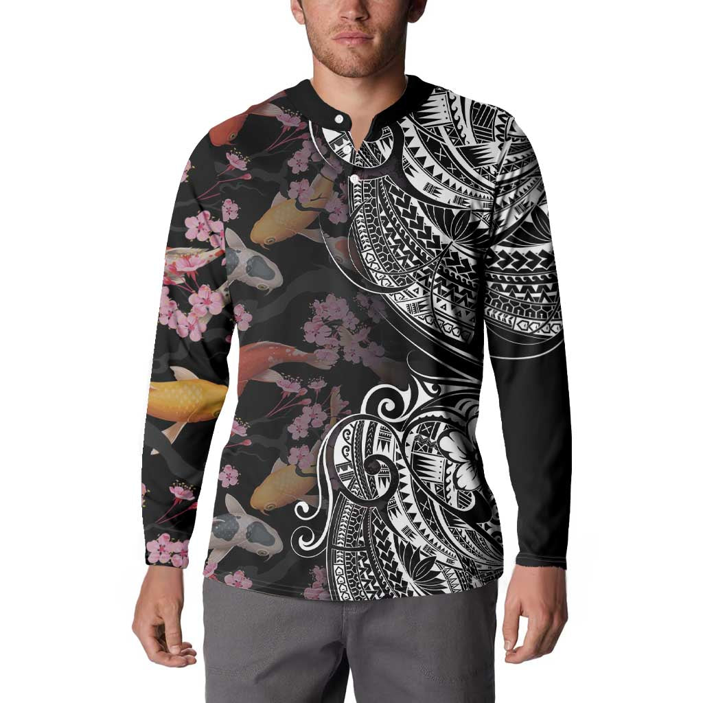 Hawaiian and Japanese Together Button Sweatshirt Polynesian Triball Tattoo Koi Carps and Sakura LT03 - Polynesian Pride