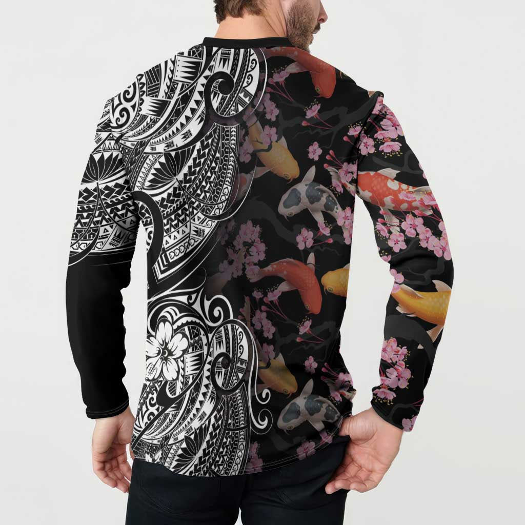 Hawaiian and Japanese Together Button Sweatshirt Polynesian Triball Tattoo Koi Carps and Sakura LT03 - Polynesian Pride