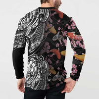 Hawaiian and Japanese Together Button Sweatshirt Polynesian Triball Tattoo Koi Carps and Sakura LT03 - Polynesian Pride
