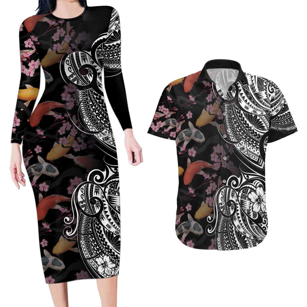 Hawaiian and Japanese Together Couples Matching Long Sleeve Bodycon Dress and Hawaiian Shirt Polynesian Triball Tattoo Koi Carps and Sakura