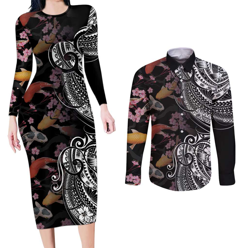 Hawaiian and Japanese Together Couples Matching Long Sleeve Bodycon Dress and Long Sleeve Button Shirt Polynesian Triball Tattoo Koi Carps and Sakura LT03 Black - Polynesian Pride