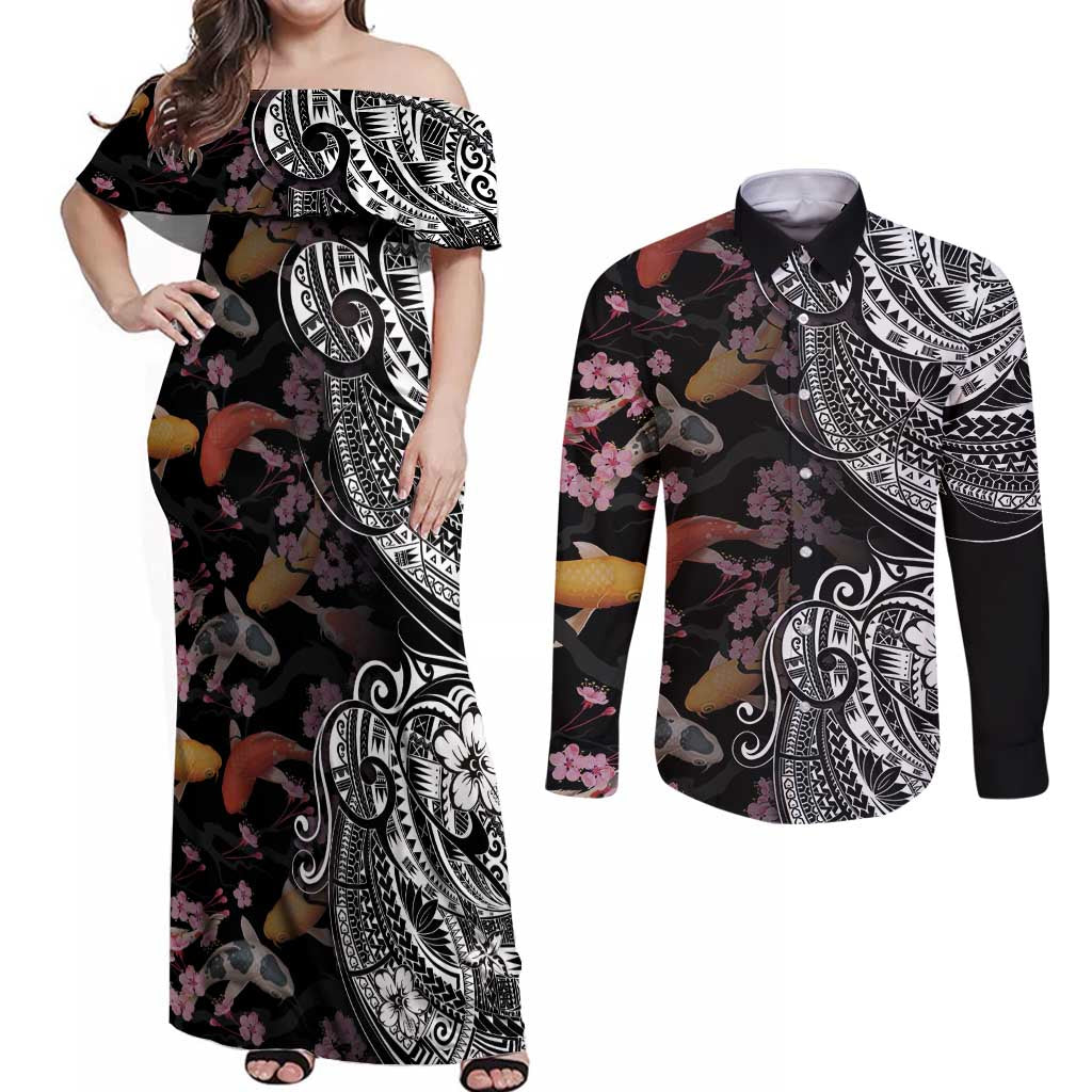 Hawaiian and Japanese Together Couples Matching Off Shoulder Maxi Dress and Long Sleeve Button Shirt Polynesian Triball Tattoo Koi Carps and Sakura LT03 Black - Polynesian Pride