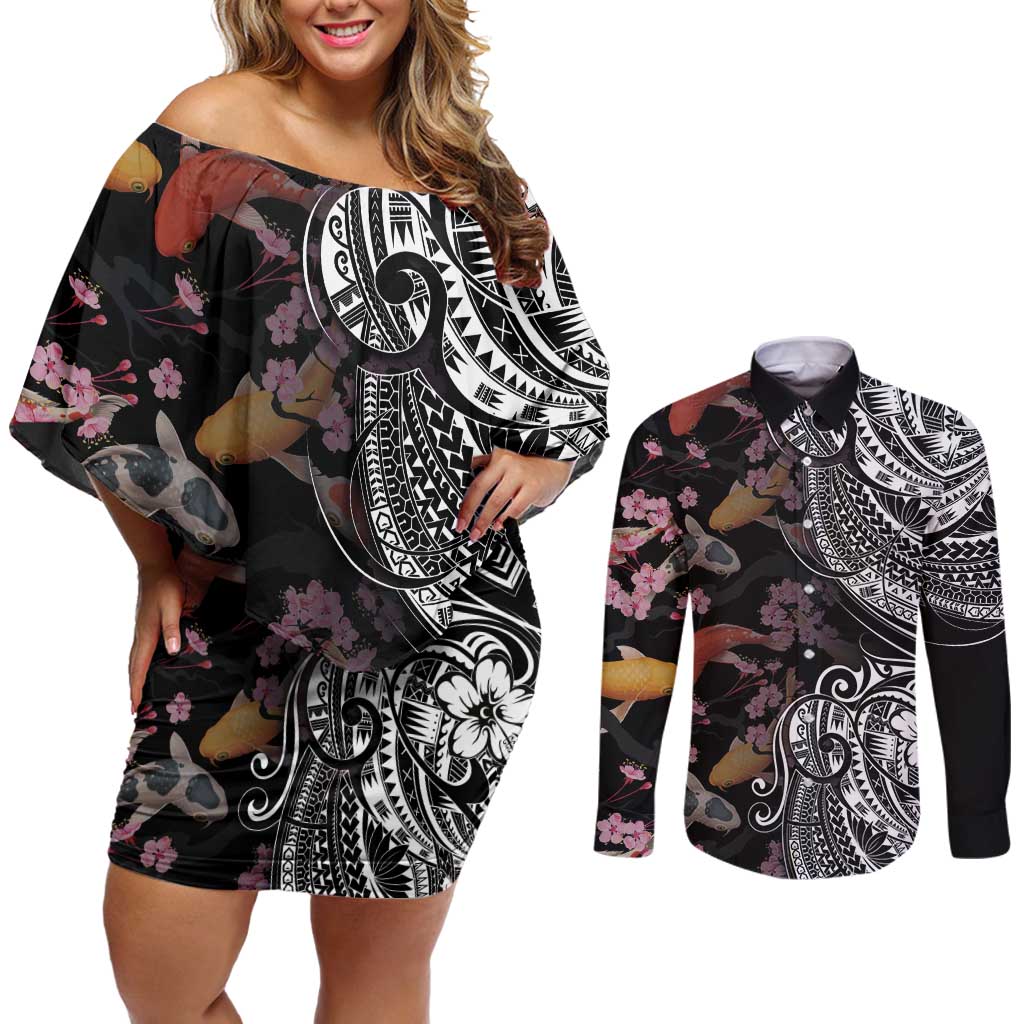 Hawaiian and Japanese Together Couples Matching Off Shoulder Short Dress and Long Sleeve Button Shirt Polynesian Triball Tattoo Koi Carps and Sakura LT03 Black - Polynesian Pride