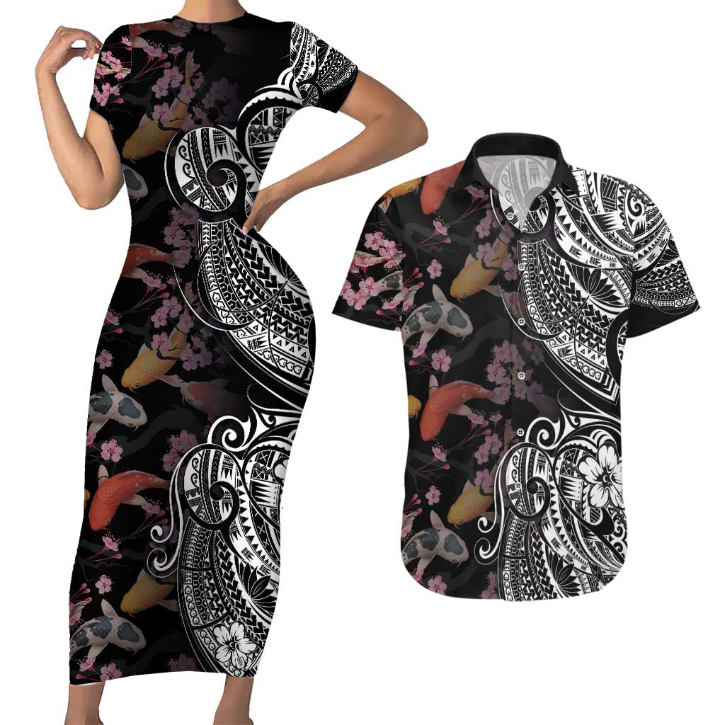 Hawaiian and Japanese Together Couples Matching Short Sleeve Bodycon Dress and Hawaiian Shirt Polynesian Triball Tattoo Koi Carps and Sakura LT03 Black - Polynesian Pride
