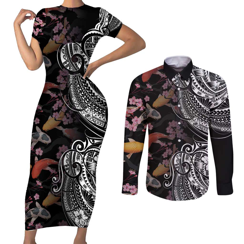Hawaiian and Japanese Together Couples Matching Short Sleeve Bodycon Dress and Long Sleeve Button Shirt Polynesian Triball Tattoo Koi Carps and Sakura LT03 Black - Polynesian Pride