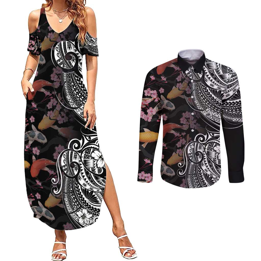 Hawaiian and Japanese Together Couples Matching Summer Maxi Dress and Long Sleeve Button Shirt Polynesian Triball Tattoo Koi Carps and Sakura LT03 Black - Polynesian Pride