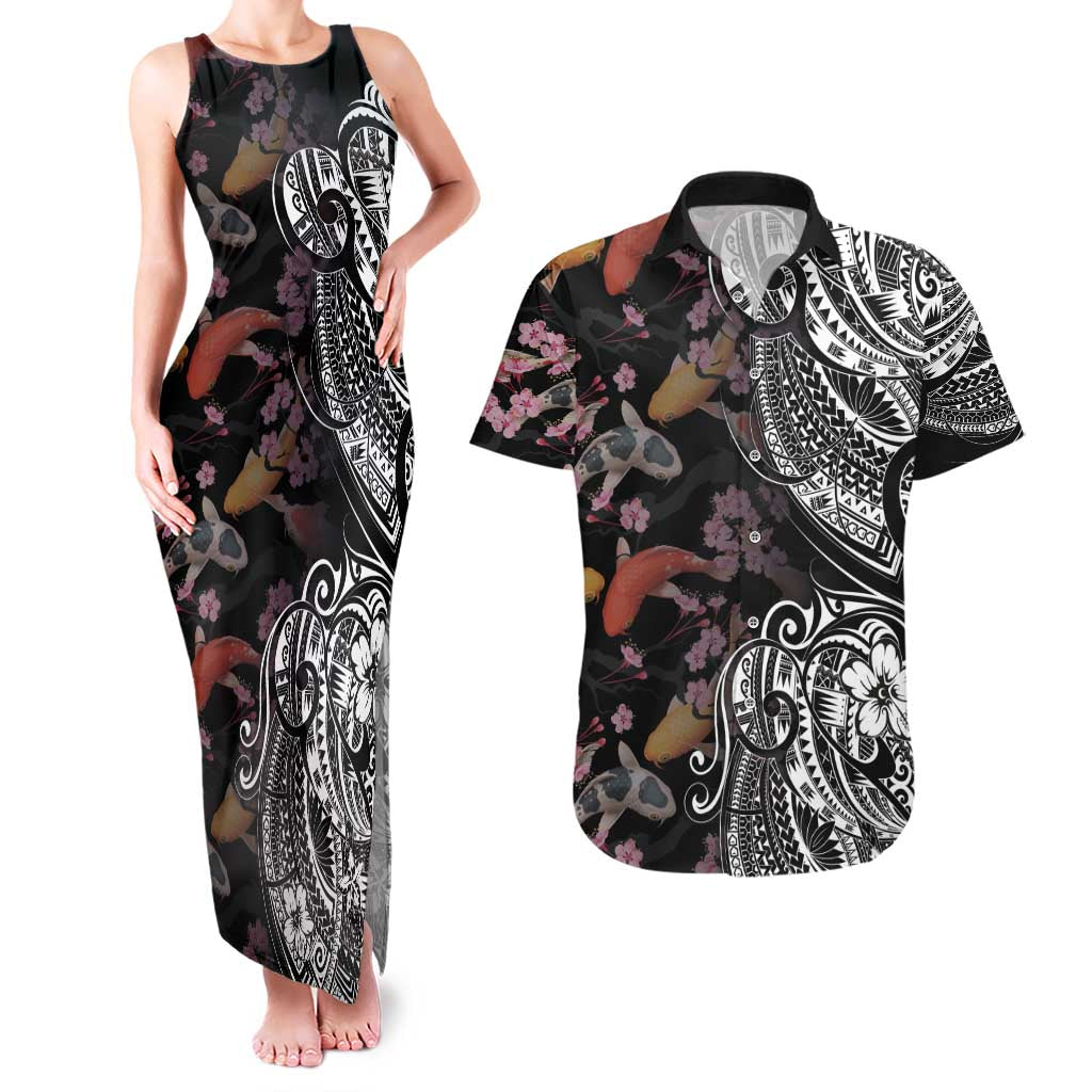 Hawaiian and Japanese Together Couples Matching Tank Maxi Dress and Hawaiian Shirt Polynesian Triball Tattoo Koi Carps and Sakura LT03 Black - Polynesian Pride