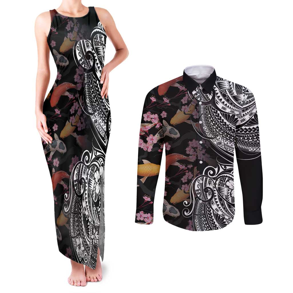 Hawaiian and Japanese Together Couples Matching Tank Maxi Dress and Long Sleeve Button Shirt Polynesian Triball Tattoo Koi Carps and Sakura LT03 Black - Polynesian Pride