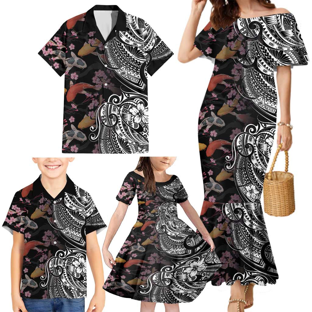 Hawaiian and Japanese Together Family Matching Mermaid Dress and Hawaiian Shirt Polynesian Triball Tattoo Koi Carps and Sakura