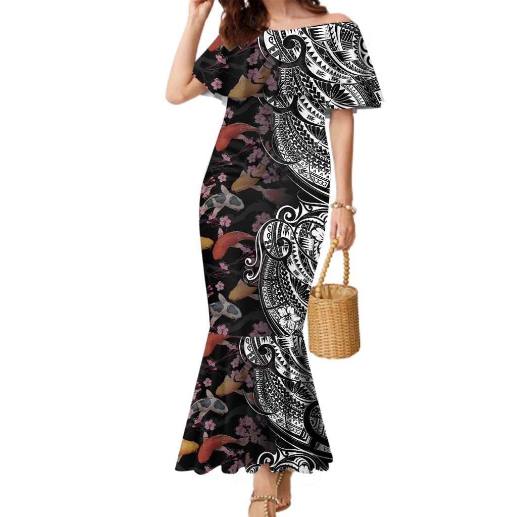 Hawaiian and Japanese Together Family Matching Mermaid Dress and Hawaiian Shirt Polynesian Triball Tattoo Koi Carps and Sakura
