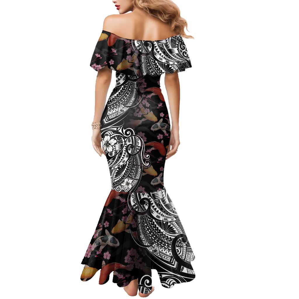 Hawaiian and Japanese Together Family Matching Mermaid Dress and Hawaiian Shirt Polynesian Triball Tattoo Koi Carps and Sakura