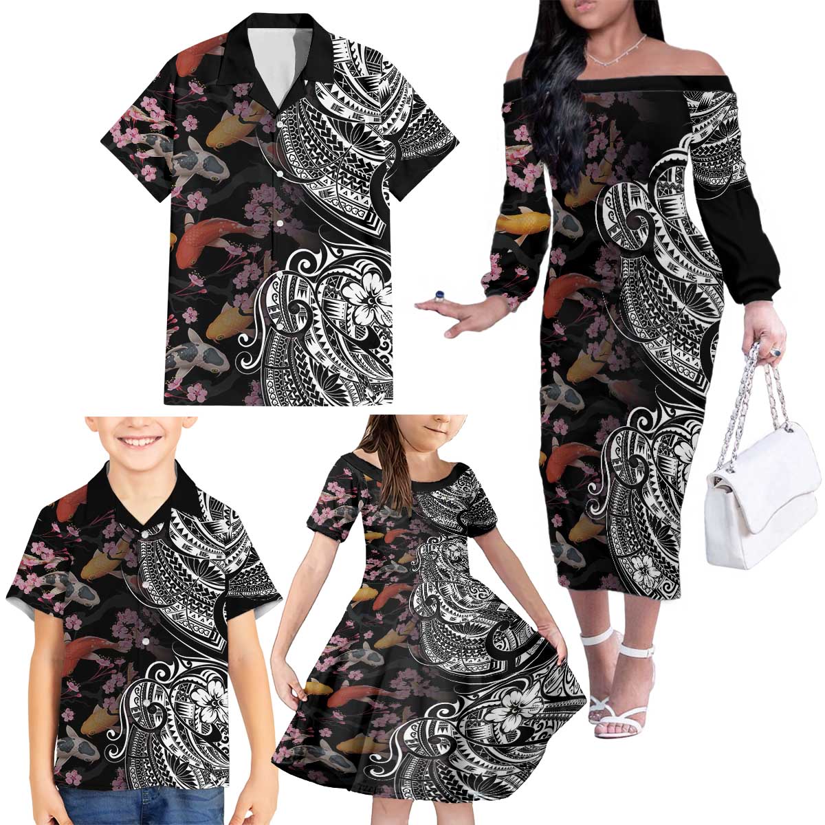 Hawaiian and Japanese Together Family Matching Off The Shoulder Long Sleeve Dress and Hawaiian Shirt Polynesian Triball Tattoo Koi Carps and Sakura