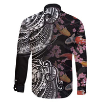 Hawaiian and Japanese Together Family Matching Off The Shoulder Long Sleeve Dress and Hawaiian Shirt Polynesian Triball Tattoo Koi Carps and Sakura