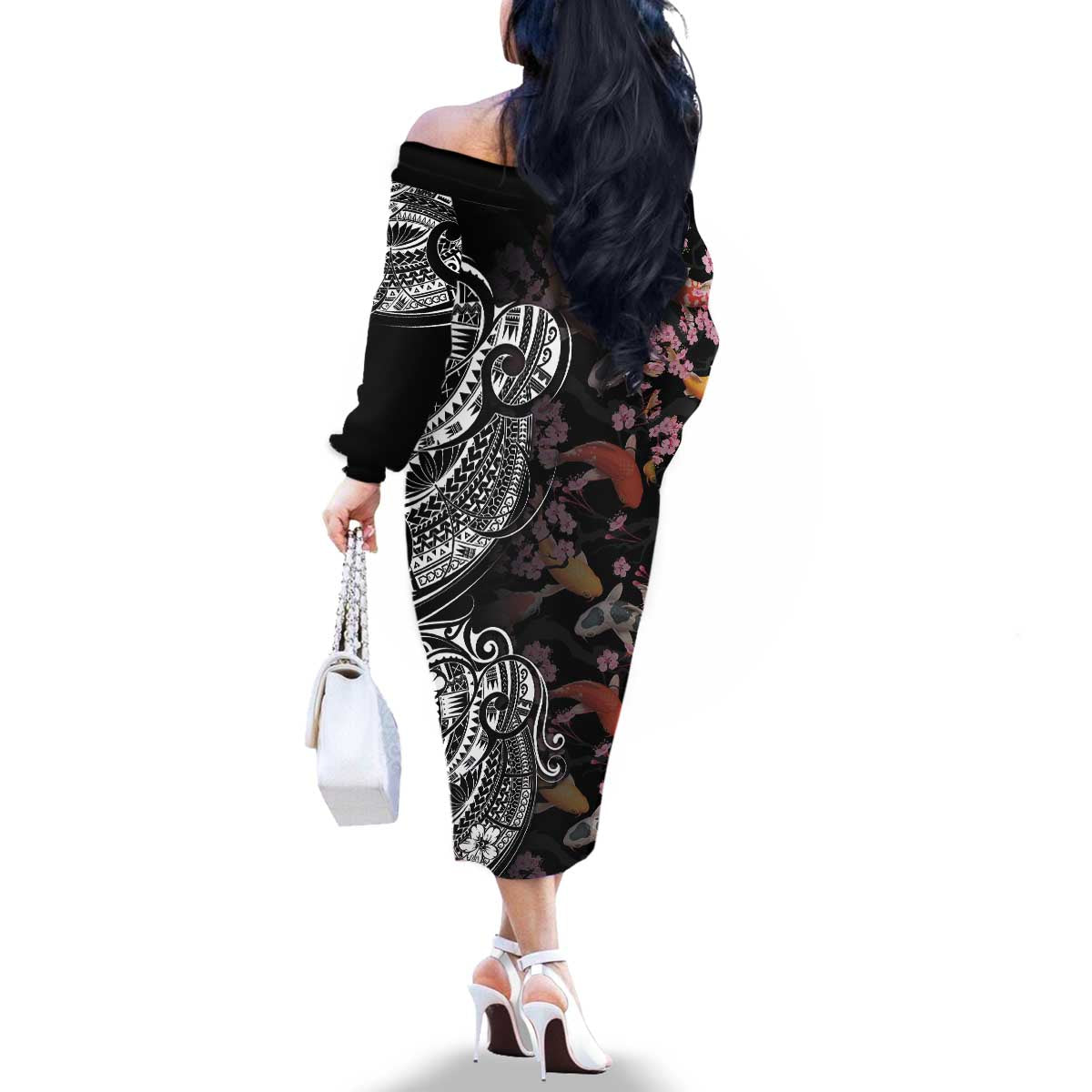 Hawaiian and Japanese Together Family Matching Off The Shoulder Long Sleeve Dress and Hawaiian Shirt Polynesian Triball Tattoo Koi Carps and Sakura