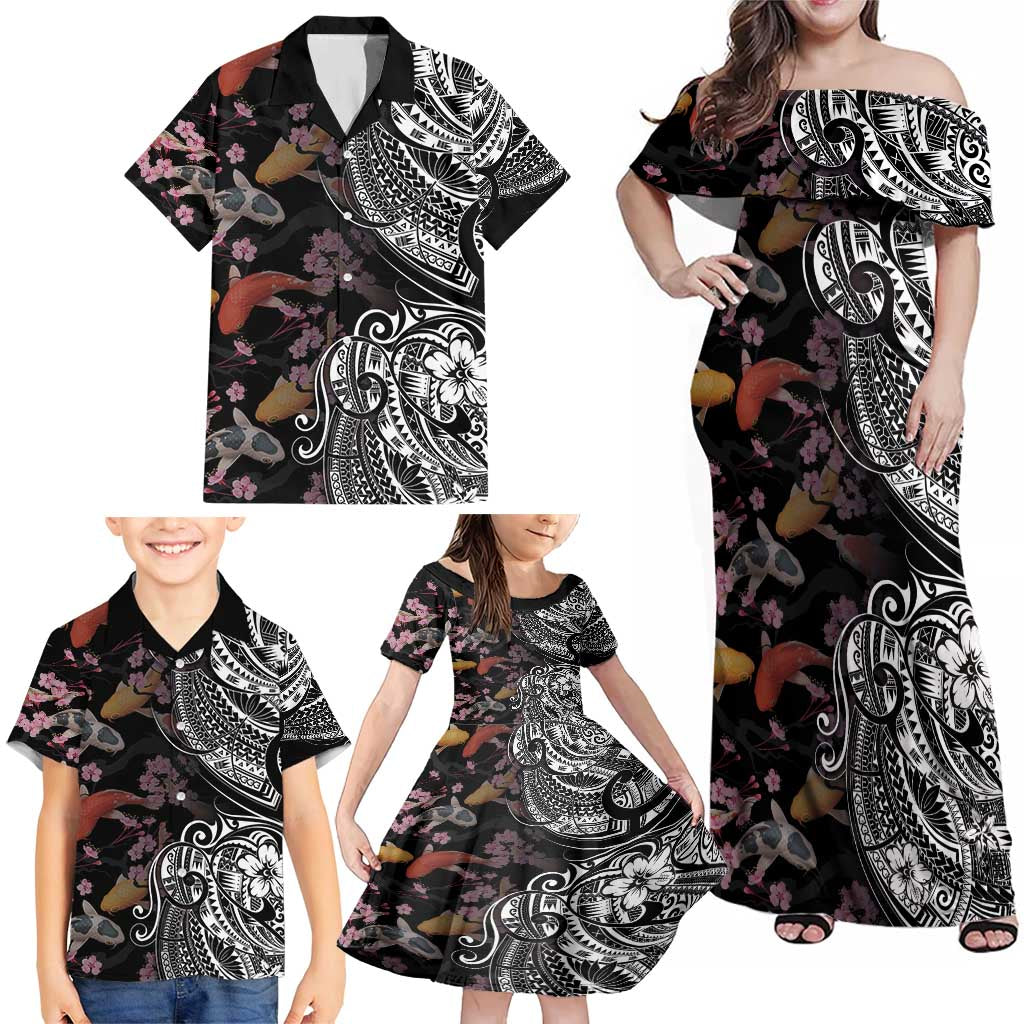 Hawaiian and Japanese Together Family Matching Off Shoulder Maxi Dress and Hawaiian Shirt Polynesian Triball Tattoo Koi Carps and Sakura