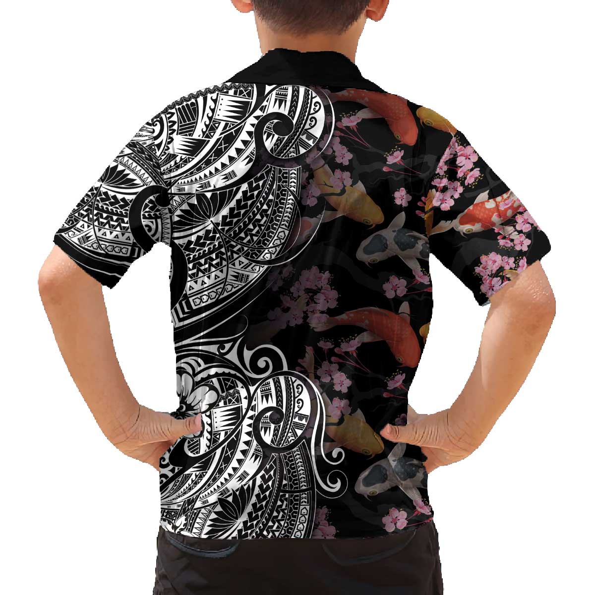 Hawaiian and Japanese Together Family Matching Off Shoulder Short Dress and Hawaiian Shirt Polynesian Triball Tattoo Koi Carps and Sakura LT03 - Polynesian Pride