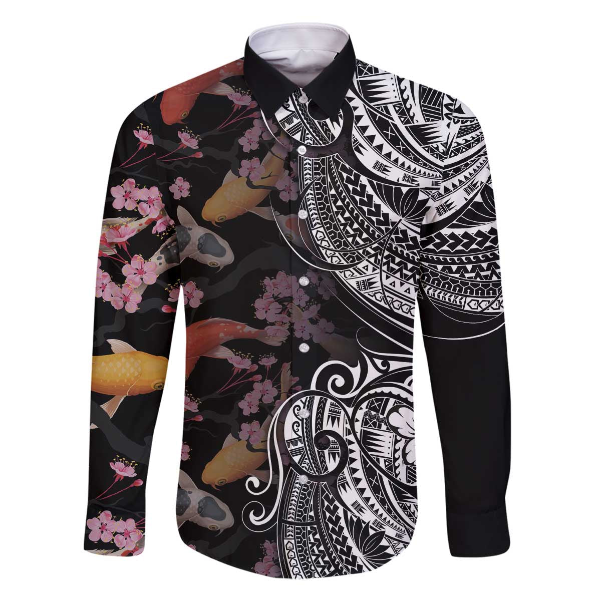 Hawaiian and Japanese Together Family Matching Off Shoulder Short Dress and Hawaiian Shirt Polynesian Triball Tattoo Koi Carps and Sakura LT03 Dad's Shirt - Long Sleeve Black - Polynesian Pride
