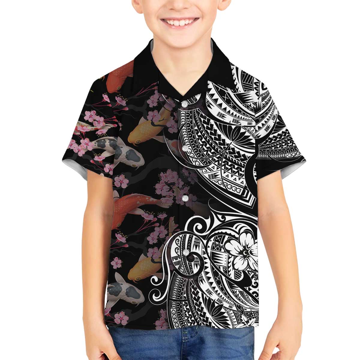 Hawaiian and Japanese Together Family Matching Off Shoulder Short Dress and Hawaiian Shirt Polynesian Triball Tattoo Koi Carps and Sakura LT03 Son's Shirt Black - Polynesian Pride