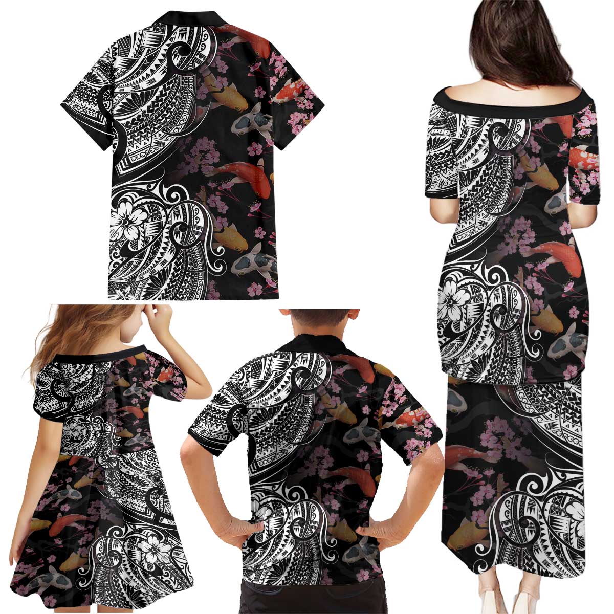 Hawaiian and Japanese Together Family Matching Puletasi and Hawaiian Shirt Polynesian Triball Tattoo Koi Carps and Sakura