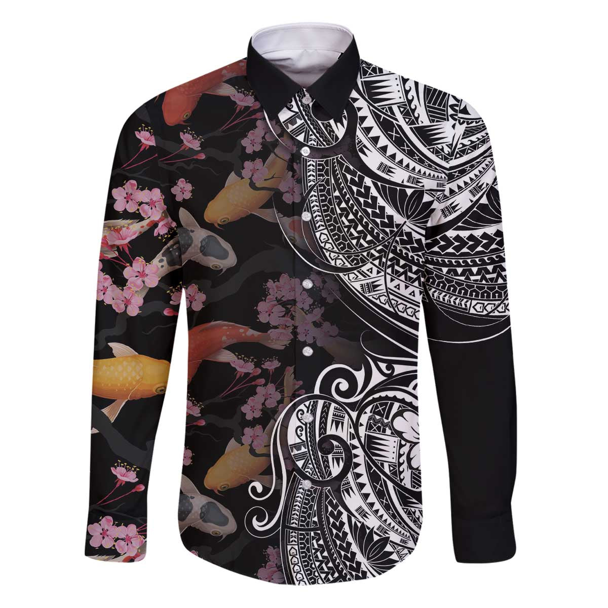 Hawaiian and Japanese Together Family Matching Puletasi and Hawaiian Shirt Polynesian Triball Tattoo Koi Carps and Sakura