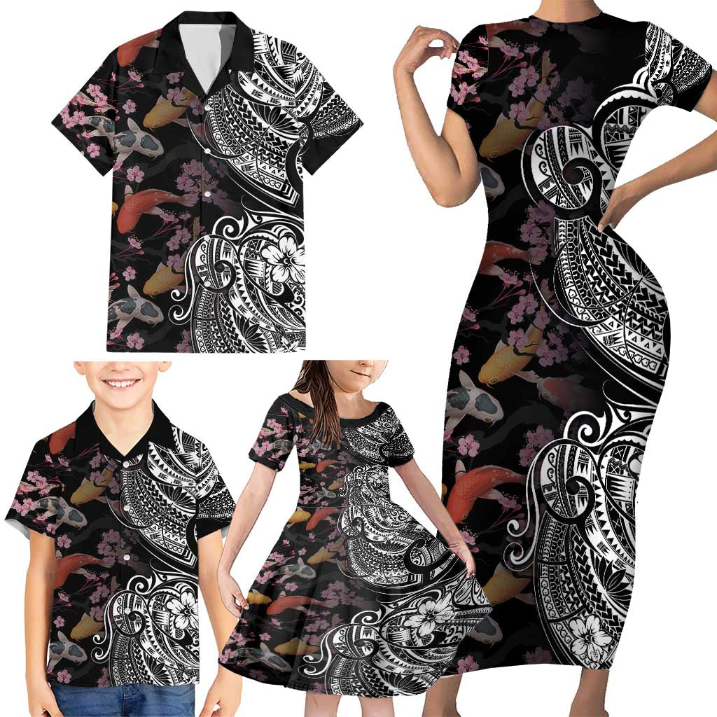 Hawaiian and Japanese Together Family Matching Short Sleeve Bodycon Dress and Hawaiian Shirt Polynesian Triball Tattoo Koi Carps and Sakura