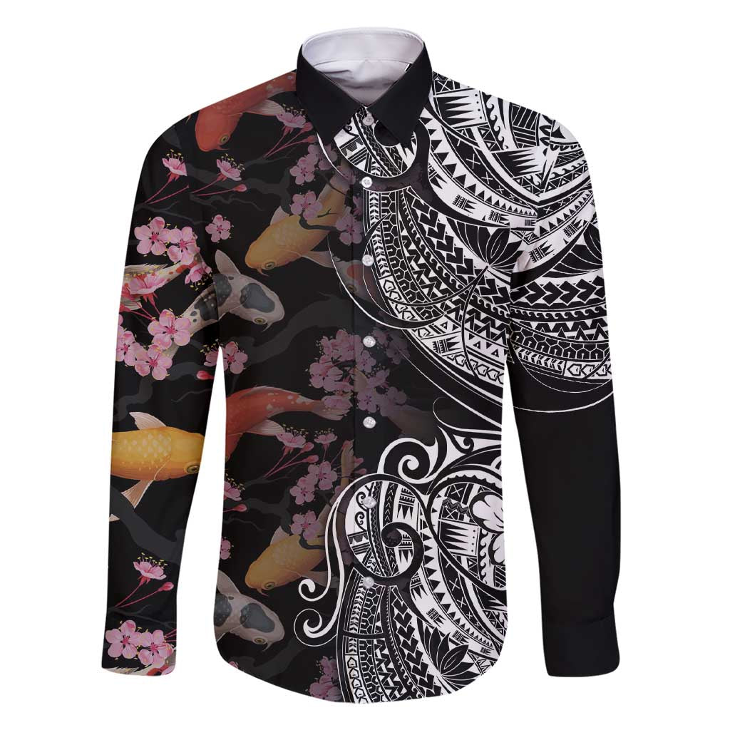 Hawaiian and Japanese Together Family Matching Short Sleeve Bodycon Dress and Hawaiian Shirt Polynesian Triball Tattoo Koi Carps and Sakura
