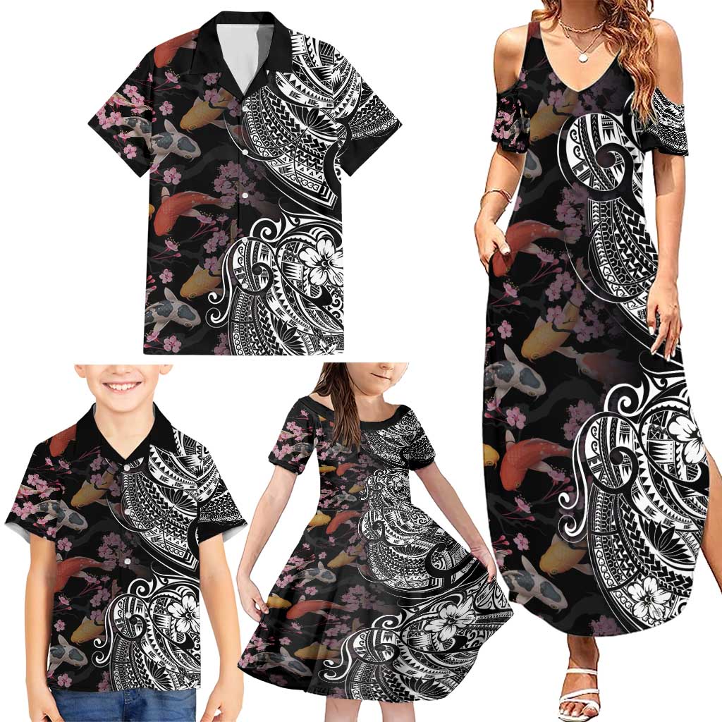 Hawaiian and Japanese Together Family Matching Summer Maxi Dress and Hawaiian Shirt Polynesian Triball Tattoo Koi Carps and Sakura